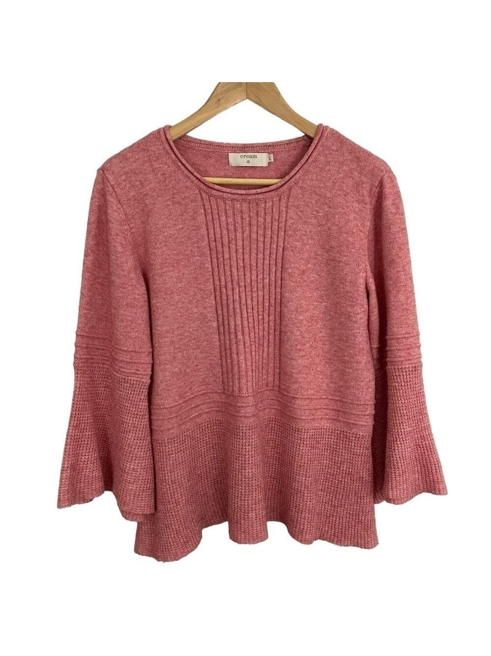Cream Bell Sleeve Sweater Womens L Pink Knit Ruffle Super Soft Casual Feminine